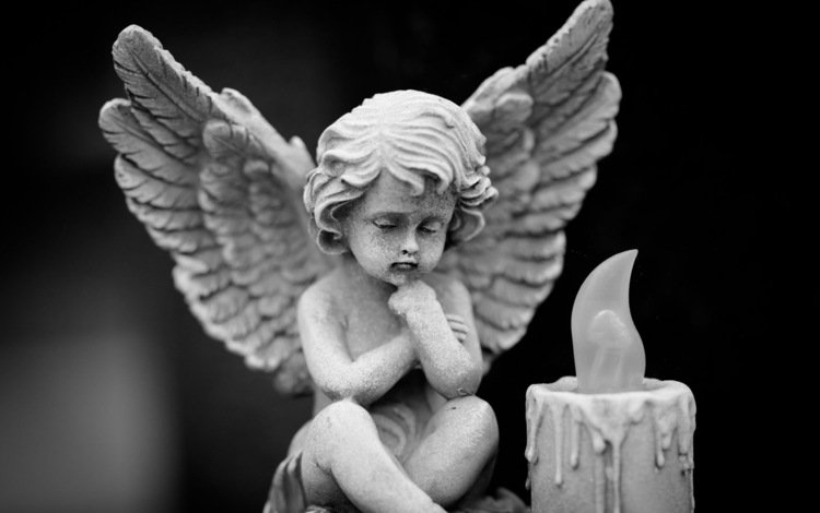 чёрно-белое, крылья, ангел, статуя, свеча, ангелочек, black and white, wings, angel, statue, candle