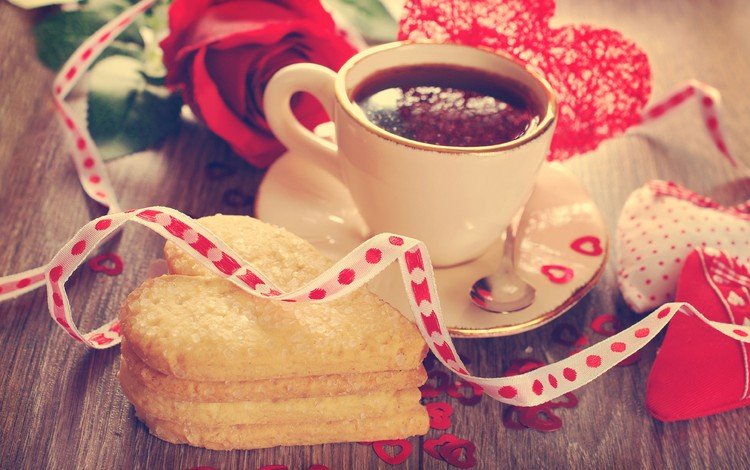 кофе, ленточка, сердечки, печенье, день святого валентина, coffee, ribbon, hearts, cookies, valentine's day