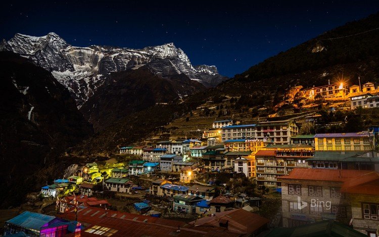 огни, горы, город, дома, непал, национальный парк сагарматха, lights, mountains, the city, home, nepal