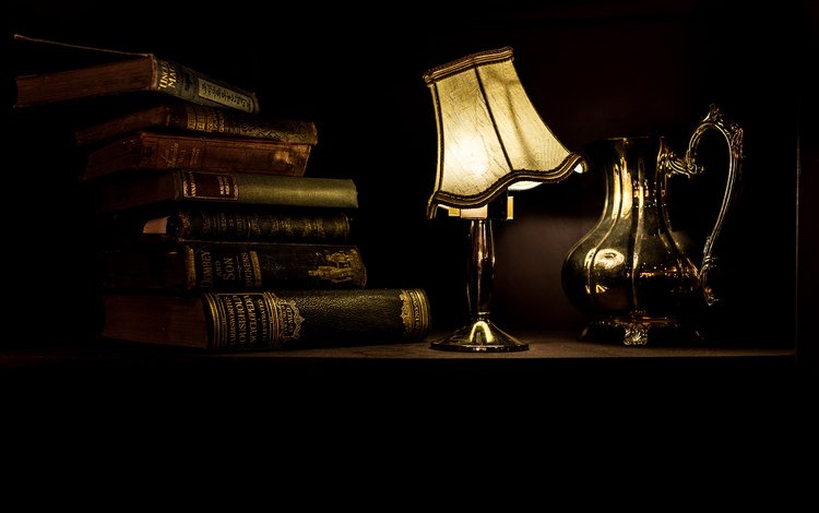 свет, лампа, книги, черный фон, кувшин, light, lamp, books, black background, pitcher