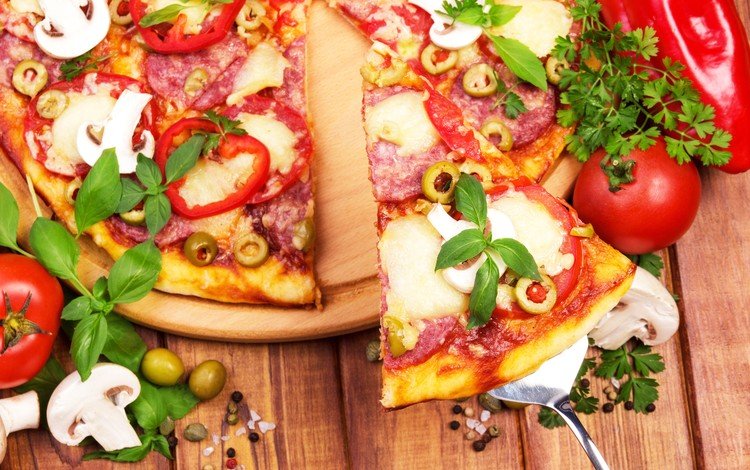 зелень, грибы, помидоры, оливки, пицца, начинка, кусок, итальянская кухня, greens, mushrooms, tomatoes, olives, pizza, filling, piece, italian cuisine