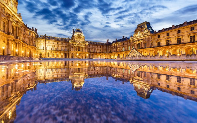вода, отражение, париж, здание, дворец, франция, лувр, water, reflection, paris, the building, palace, france, the louvre