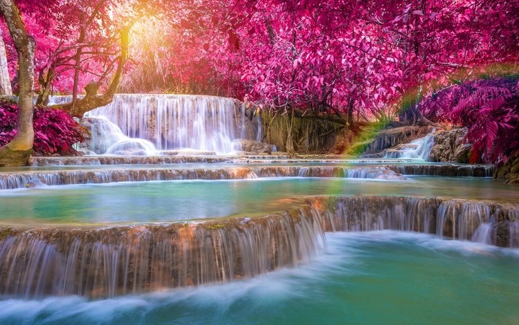 деревья, вода, река, водопад, радуга, каскад, лаос, kuang si falls, trees, water, river, waterfall, rainbow, cascade, laos
