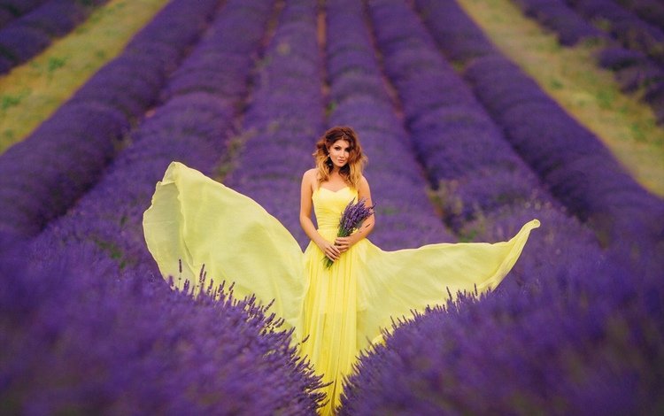 цветы, лавандовое поле, девушка, настроение, лаванда, модель, букет, длинные волосы, желтое платье, flowers, lavender field, girl, mood, lavender, model, bouquet, long hair, yellow dress