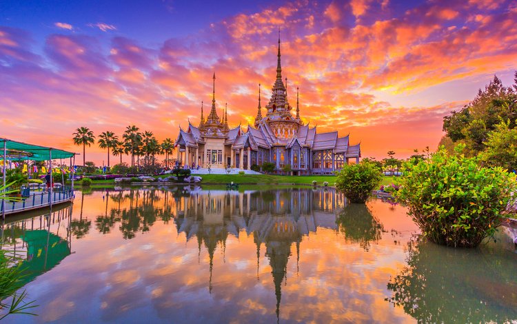 облака, храм, закат, отражение, таиланд, бангкок, clouds, temple, sunset, reflection, thailand, bangkok