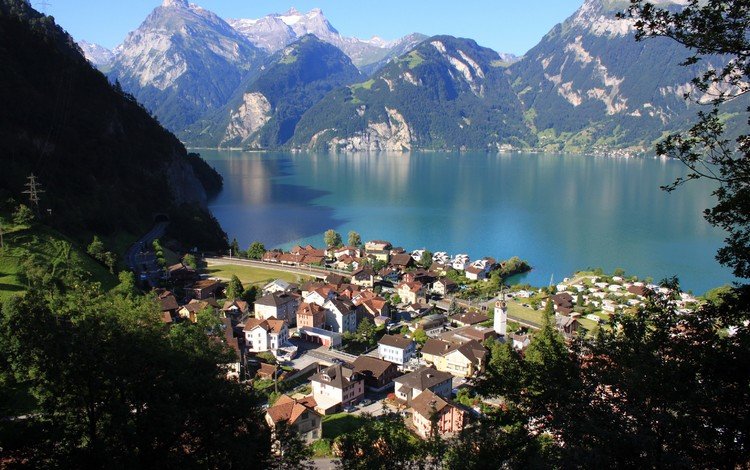 озеро, горы, пейзаж, город, швейцария, morschach, lake, mountains, landscape, the city, switzerland
