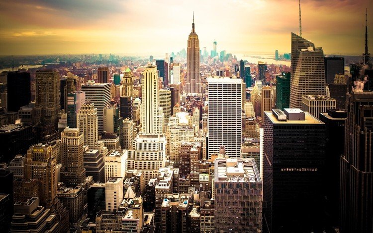 закат, город, америка, небоскребы, сша, нью - йорк, sunset, the city, america, skyscrapers, usa, new york