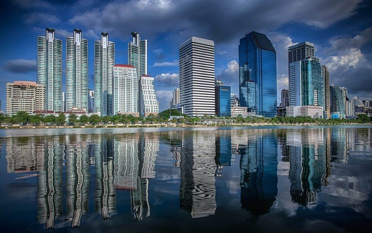отражение, город, небоскребы, океан, таиланд, бангкок, reflection, the city, skyscrapers, the ocean, thailand, bangkok