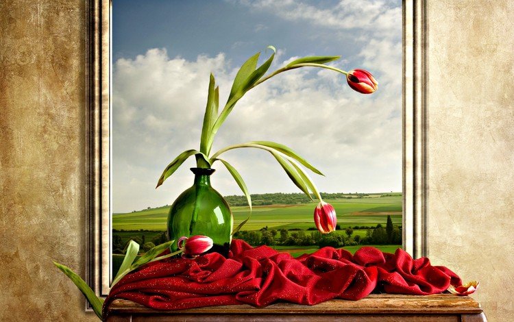 цветы, картина, стена, ткань, букет, тюльпаны, ваза, натюрморт, flowers, picture, wall, fabric, bouquet, tulips, vase, still life