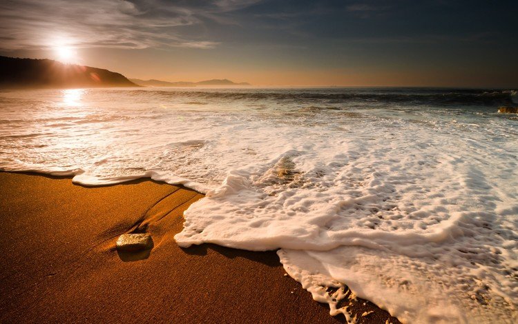 солнце, морская пена, природа, берег, волны, песок, пляж, горизонт, камень, the sun, sea foam, nature, shore, wave, sand, beach, horizon, stone