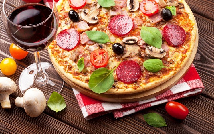 грибы, сыр, вино, колбаса, оливки, пицца, ветчина, mushrooms, cheese, wine, sausage, olives, pizza, ham