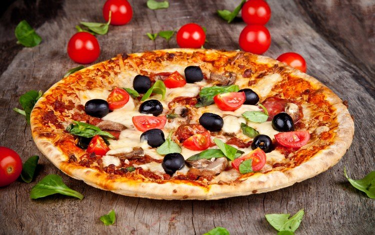 еда, грибы, сыр, листочки, помидоры, пицца, маслины, блюдо, food, mushrooms, cheese, leaves, tomatoes, pizza, olives, dish