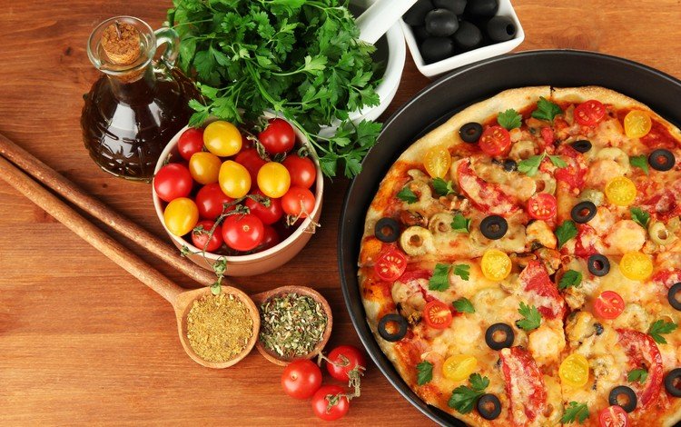 сыр, помидоры, оливки, пицца, маслины, петрушка, специи, cheese, tomatoes, olives, pizza, parsley, spices
