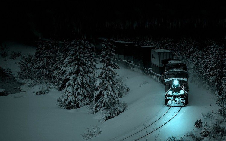 ночь, товарный поезд, снег, железная дорога, природа, лес, зима, поезд, тепловоз, night, snow, railroad, nature, forest, winter, train, locomotive