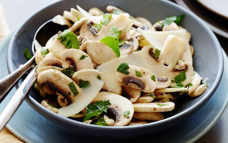 зелень, грибы, тарелка, шампиньоны, greens, mushrooms, plate