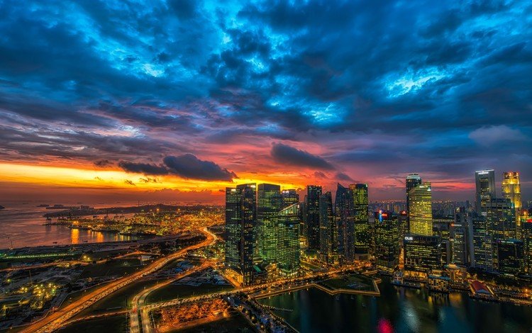 облака, закат, город, небоскребы, мегаполис, сингапур, clouds, sunset, the city, skyscrapers, megapolis, singapore