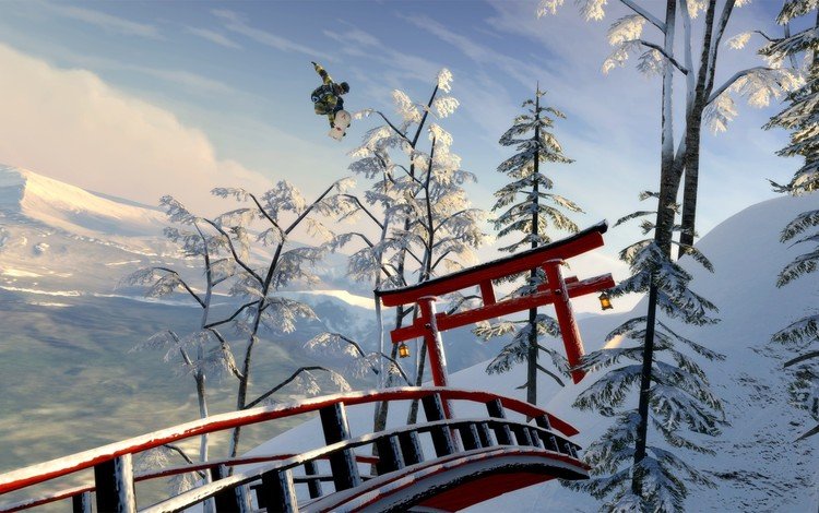 небо, сноубордист, облака, деревья, снег, зима, мост, япония, сноуборд, the sky, snowboarder, clouds, trees, snow, winter, bridge, japan, snowboard
