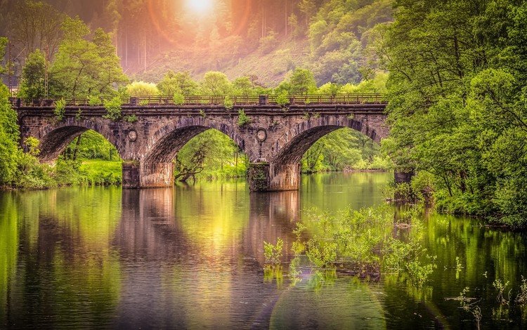 вода, река, природа, лес, отражение, мост, солнечный свет, каменный мост, water, river, nature, forest, reflection, bridge, sunlight, stone bridge