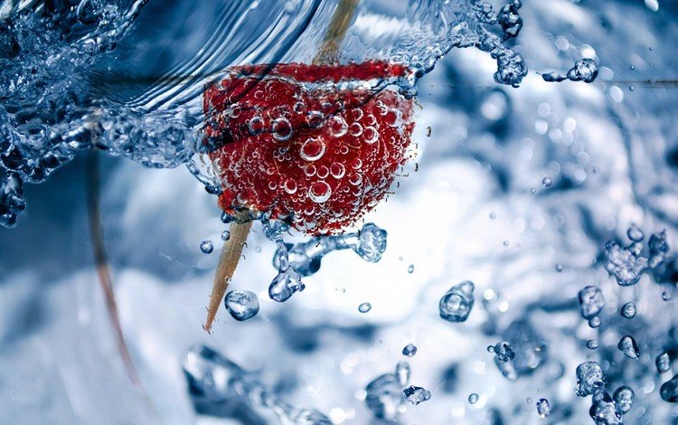 вода, малина, капли, ягода, пузыри, в воде, water, raspberry, drops, berry, bubbles, in the water