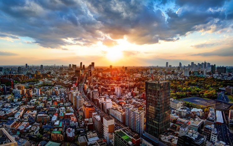 дорога, закат, панорама, япония, здания, токио, road, sunset, panorama, japan, building, tokyo