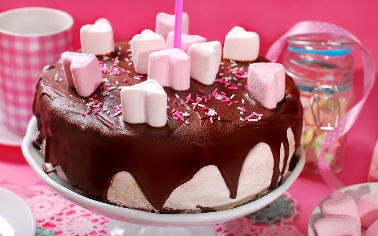 шоколад, сердечки, сладкое, день рождения, торт, зефир, глазурь, маршмеллоу, chocolate, hearts, sweet, birthday, cake, marshmallows, glaze