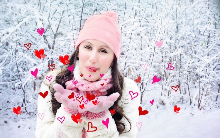 снег, поцелуй, зима, перчатки, девушка, портрет, взгляд, лицо, шапка, сердечки, snow, kiss, winter, gloves, girl, portrait, look, face, hat, hearts
