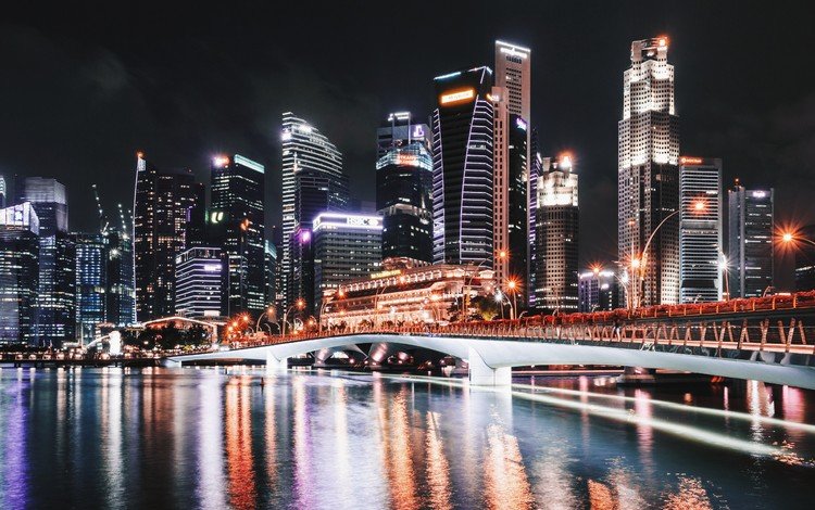 здания, ночь, сингапур, огни, городской пейзаж, река, отражение, мост, город, небоскребы, архитектура, building, night, singapore, lights, the urban landscape, river, reflection, bridge, the city, skyscrapers, architecture