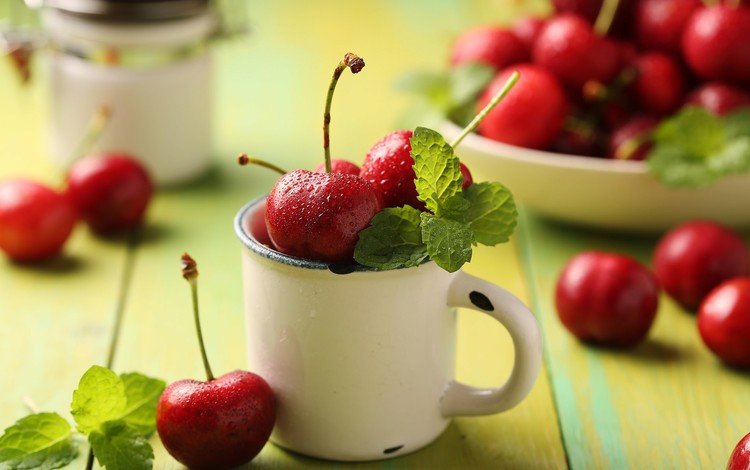 мята, доски, черешня, кружка, ягоды, вишня, миска, mint, board, cherry, mug, berries, bowl