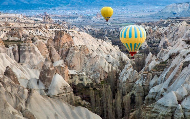 небо, горы, скалы, воздушные шары, турция, каппадокия, the sky, mountains, rocks, balloons, turkey, cappadocia