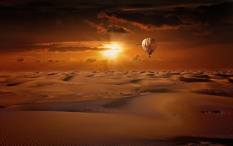 пейзаж, песок, пустыня, воздушный шар, солнечные лучи, landscape, sand, desert, balloon, the sun's rays