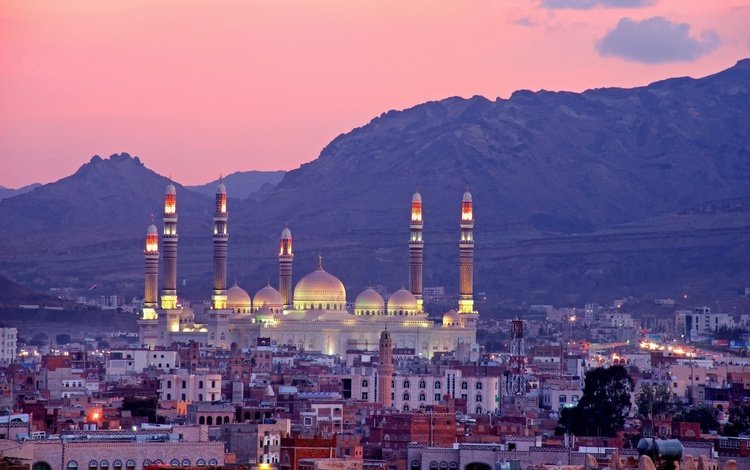 закат, город, мечеть, сана, йемен, мечеть аль-салех, sunset, the city, mosque, sana, yemen, the al-saleh mosque