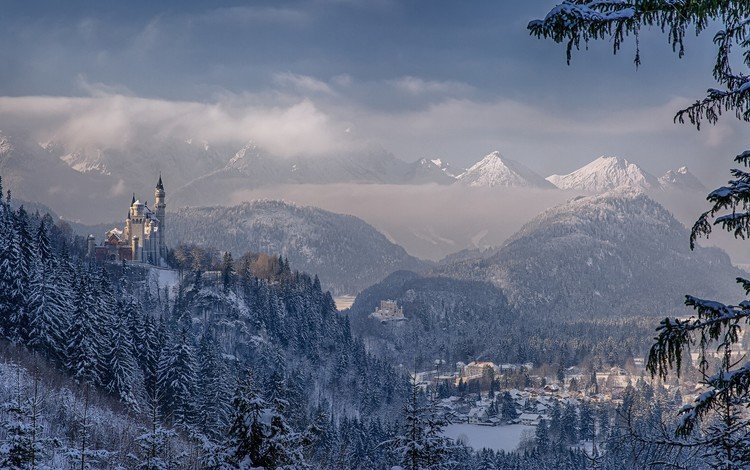 горы, зима, панорама, германия, бавария, замок нойшванштайн, mountains, winter, panorama, germany, bayern, neuschwanstein castle