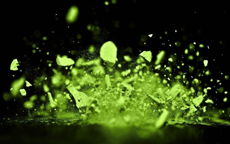 зелёный, 3д, цвет, брызги, краска, осколки, черный фон, всплеск, взрыв, green, 3d, color, squirt, paint, fragments, black background, splash, the explosion