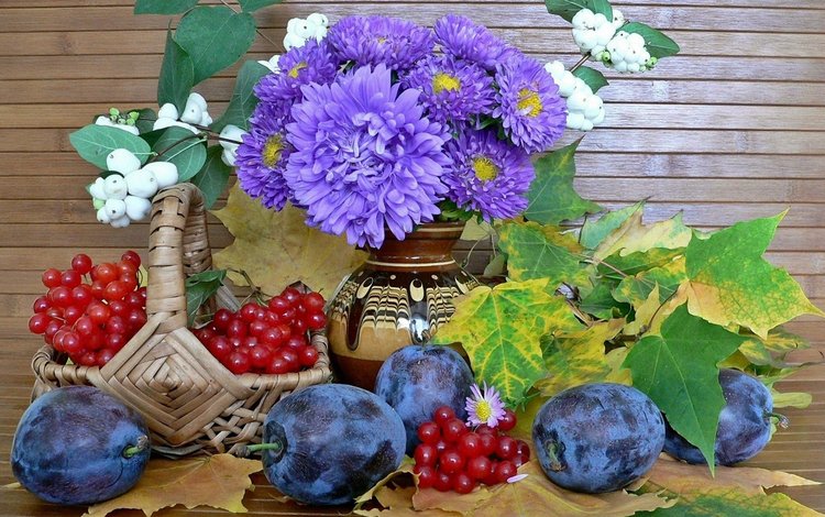 цветы, листья, корзина, ягоды, натюрморт, сливы, калина, астры, flowers, leaves, basket, berries, still life, plum, kalina, asters