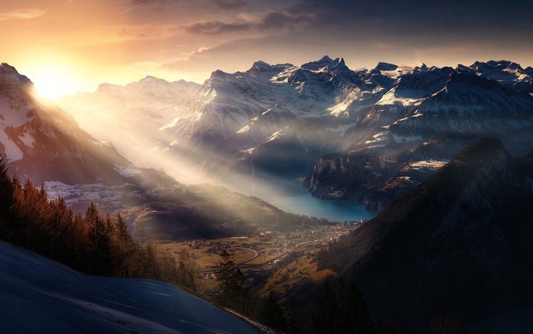 горы, снег, природа, пейзаж, швейцария, солнечные лучи, mountains, snow, nature, landscape, switzerland, the sun's rays