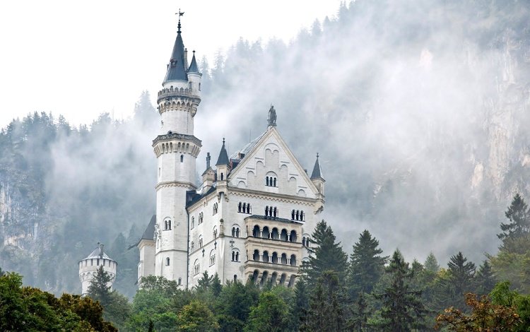 туман, замок, башня, германия, нойшванштайн, бавария, замок нойшванштайн, fog, castle, tower, germany, neuschwanstein, bayern, neuschwanstein castle