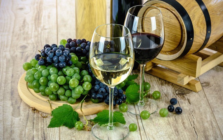 виноград, вино, белое, бокалы, лоза, красное, grapes, wine, white, glasses, vine, red