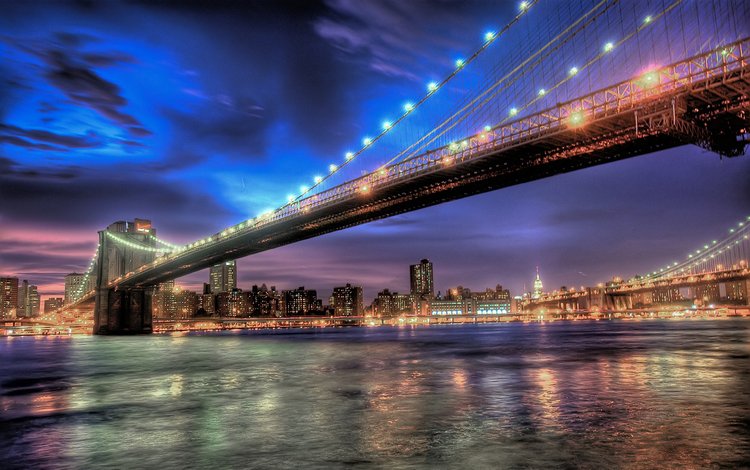 ночь, огни, мост, город, нью-йорк, бруклинский мост, night, lights, bridge, the city, new york, brooklyn bridge