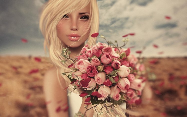 цветы, лицо, арт, девушка, блондинка, портрет, розы, взгляд, букет, flowers, face, art, girl, blonde, portrait, roses, look, bouquet