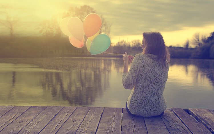 озеро, девушка, настроение, воздушные шары, lake, girl, mood, balloons