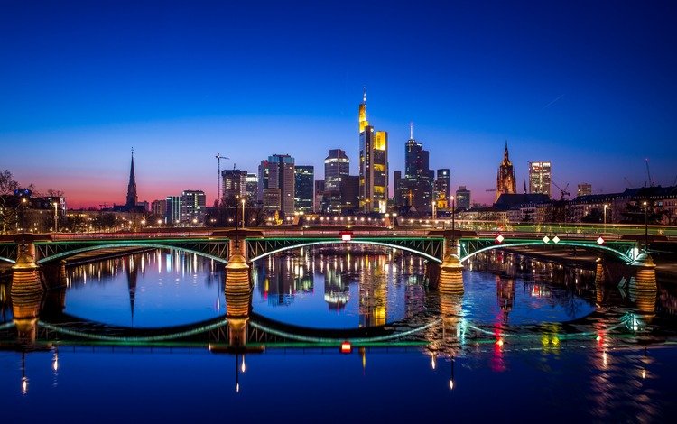 ночь, река, мост, город, дома, германия, франкфурт-на-майне, night, river, bridge, the city, home, germany, frankfurt am main