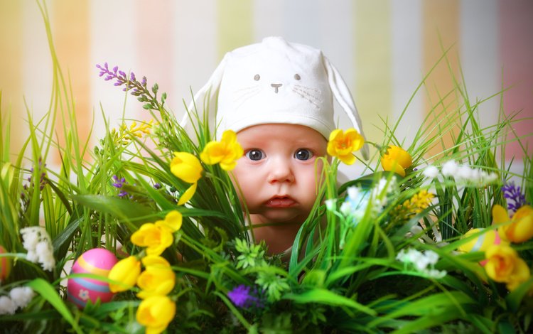 цветы, праздник, трава, тюльпаны, ребенок, кролик, шапка, пасха, яйца, flowers, holiday, grass, tulips, child, rabbit, hat, easter, eggs