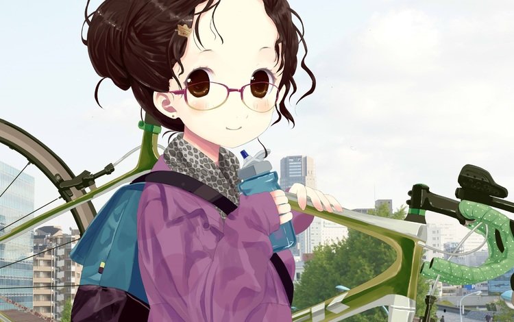 девушка, очки, аниме, волосы, велосипед, girl, glasses, anime, hair, bike