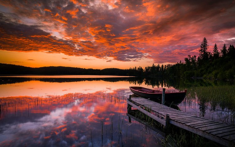 озеро, природа, закат, пейзаж, лодка, lake, nature, sunset, landscape, boat