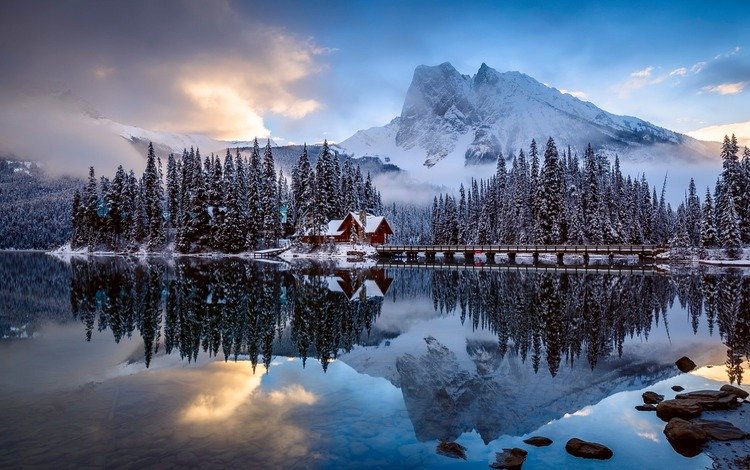озеро, горы, природа, лес, зима, домик, lake, mountains, nature, forest, winter, house