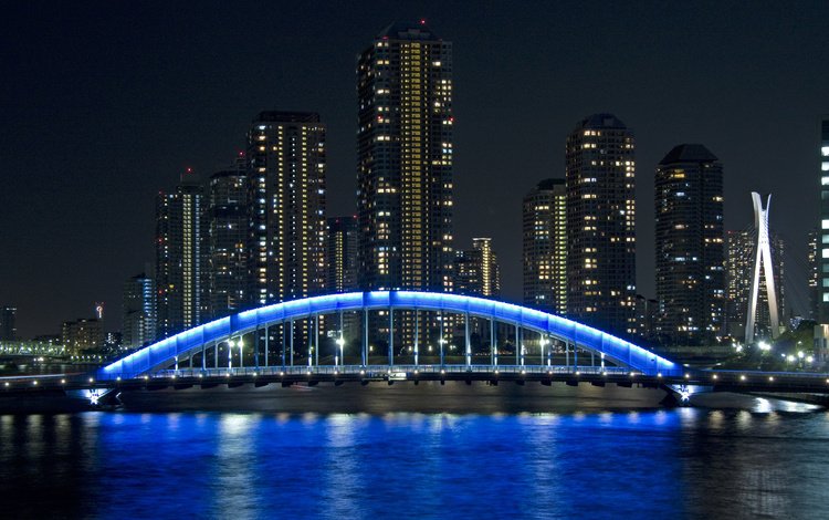вечер, мост, город, япония, небоскребы, подсветка, the evening, bridge, the city, japan, skyscrapers, backlight