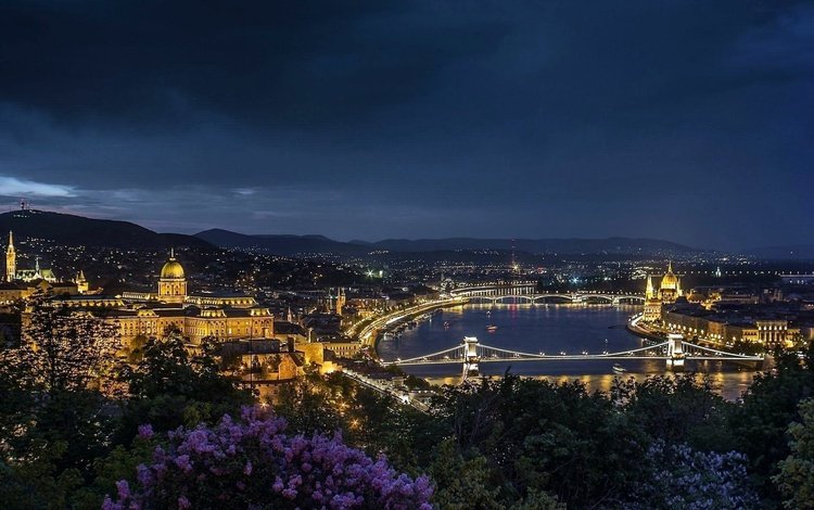 ночь, огни, река, панорама, мост, город, венгрия, будапешт, night, lights, river, panorama, bridge, the city, hungary, budapest