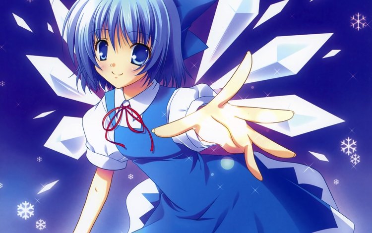 смайл, cirno, голубое платье, аниме девочка, тохо, smile, blue dress, anime girl, touhou