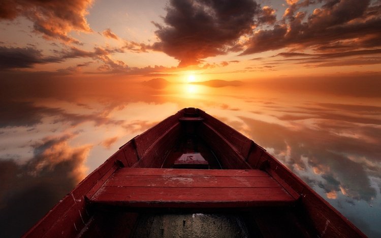 небо, облака, озеро, солнце, закат, туман, горизонт, лодка, the sky, clouds, lake, the sun, sunset, fog, horizon, boat