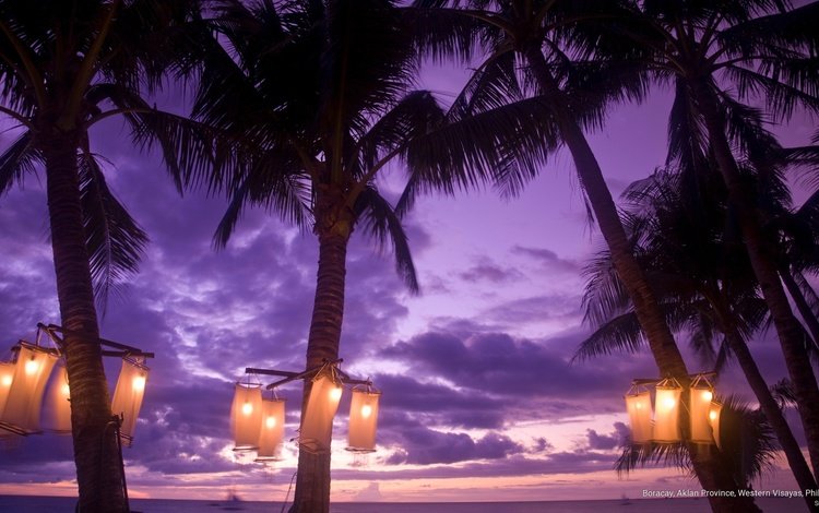 облака, боракай, вечер, природа, побережье, пальмы, фонарь, тропики, филиппины, clouds, boracay, the evening, nature, coast, palm trees, lantern, tropics, philippines